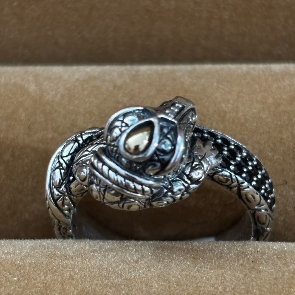 Jai John Hardy Silver 14k Black spinel pave Crocodile Ring with green eye 8 - Picture 2 of 4